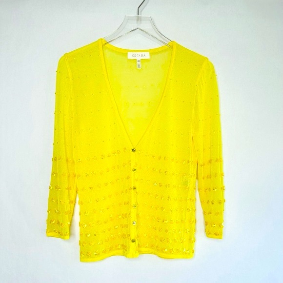 ESCADA Mesh Sequined Beaded Sheer Knit Bright Yellow Cardigan Sweater Size 38 - Picture 15 of 15